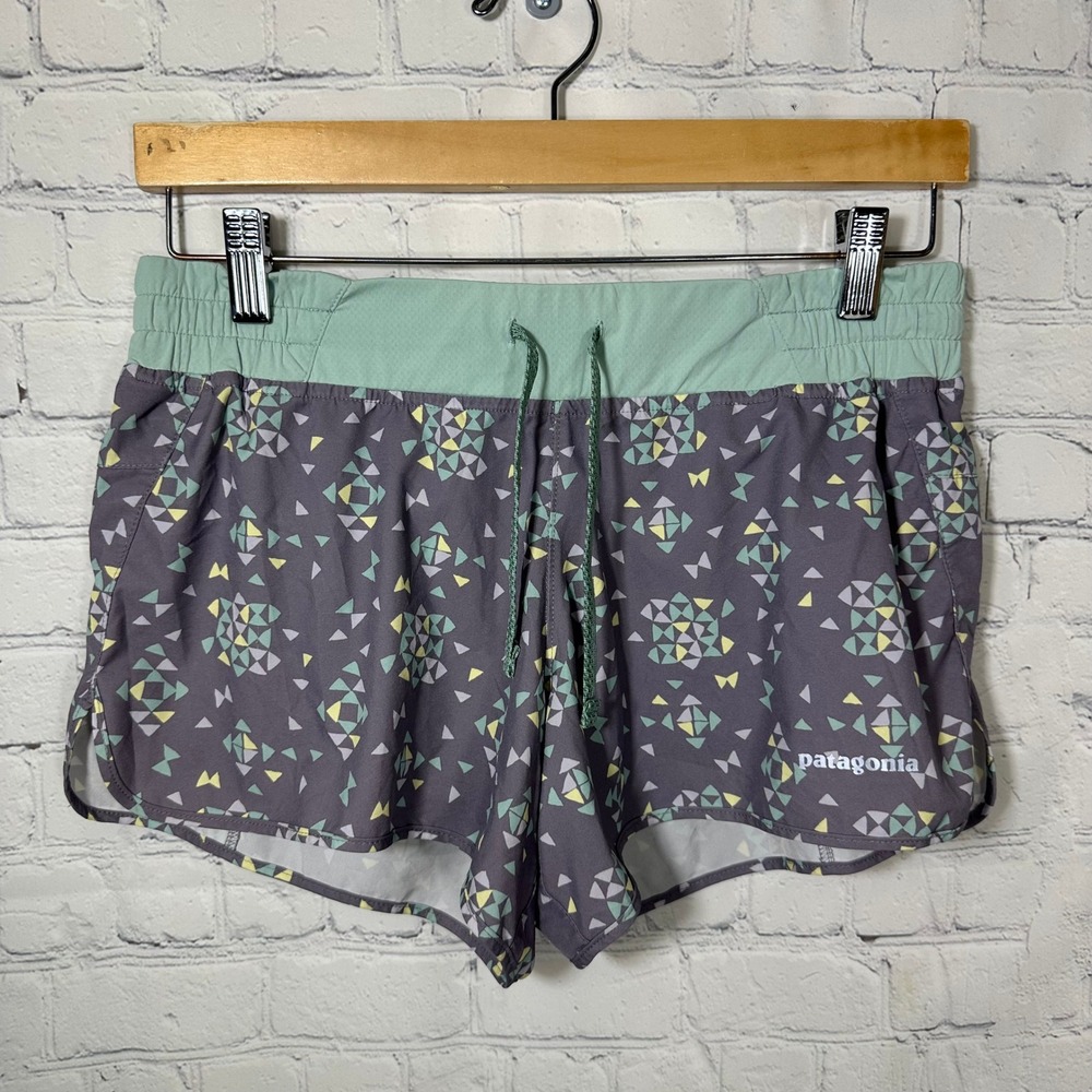 Patagonia Nine Trails Shorts Womens Small Grey Geometric Triangle Print 57622 - Picture 1 of 9